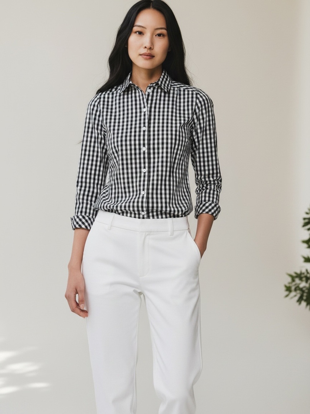 Lafayette 148 NY Black & White Gingham Button Down Shirt Poplin Classic Size 12